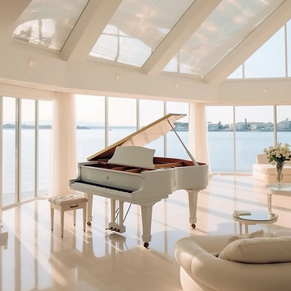 White grand piano in a bright waterfront lounge