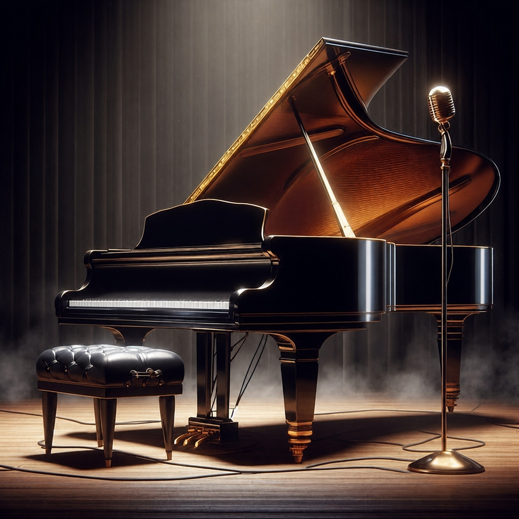 Grand piano and vintage microphone on a warmly lit stage